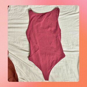 Lululemon High Neck Thong Bodysuit with Open back in Merlot